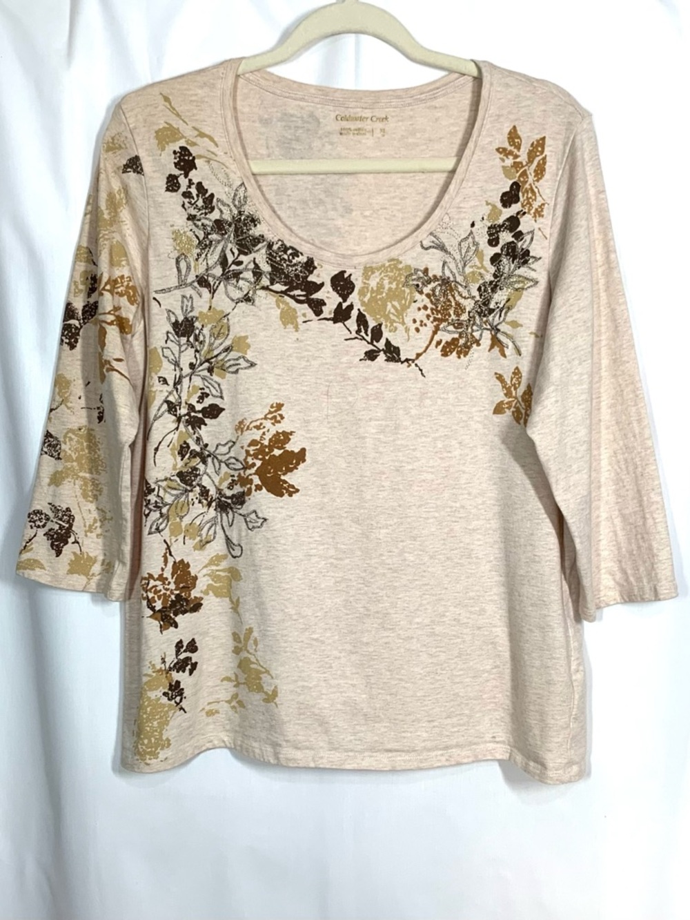 Coldwater Creek Beige Floral Scoop Neck 3/4 Sleeve Top